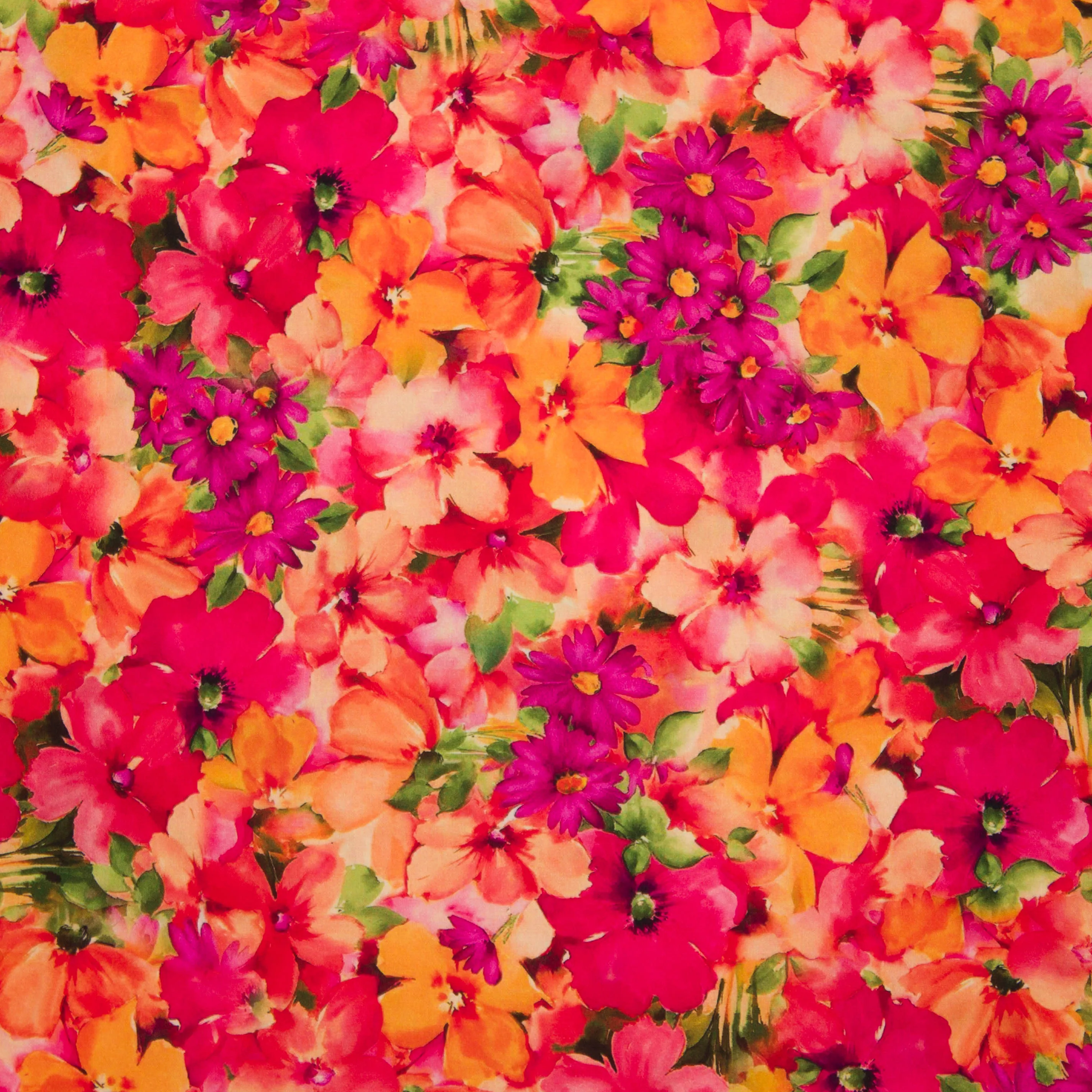 Viscose met roze, oranje en fushia bloemen